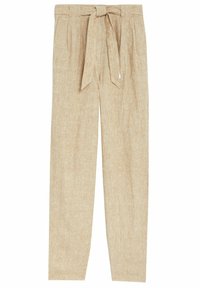 Béžové lněné kalhoty s uvolněným střihem, s opaskem na zavazování v pase a bočními kapsami, hladkou texturou a rovnými nohavicemi.