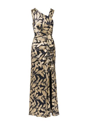 Robe de soirée métallisée noire et or asymétrique avec motif de feuilles, ceinture à la taille et fente frontale.
