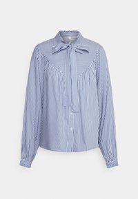 Blusa a righe blu e bianche con collo a cravatta, maniche lunghe, vestibilità rilassata, chiusura frontale con bottoni e dettagli arricciati sulle spalle.