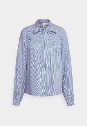 Blue and white striped blouse with a tie-neck, long sleeves, a relaxed fit, button front, and gathered detailing on the shoulders.
