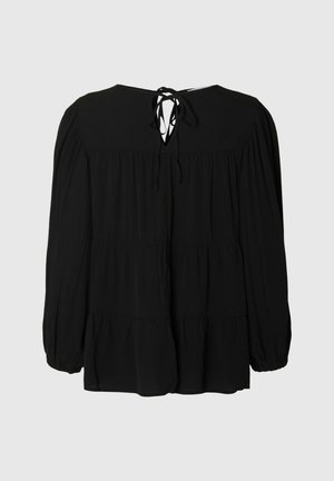 Černá blůza s dlouhými nabíranými rukávy, vícestupňovým designem a klíčovou dírkou na zadní straně, zavázanou stužkami. Vyrobena z lehkého materiálu.