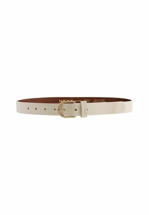 Cintura in pelle bianca con finitura liscia, fibbia in metallo dorato e interno marrone. Presenta più fori per la regolazione della misura.