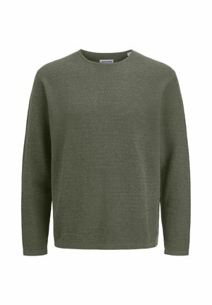 Olivovo zelený sveter s dlhým rukávom a okrúhlym výstrihom, s textúrovaným pletením, priamym lemom a štítkom JACK & JONES vo vnútri goliera.