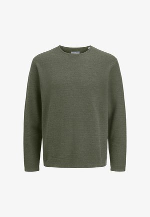 Olivovo zelený sveter s dlhým rukávom a okrúhlym výstrihom, s textúrovaným pletením, priamym lemom a štítkom JACK & JONES vo vnútri goliera.
