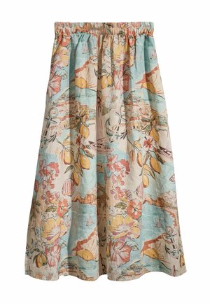 Nederdel med elastisk talje, der har et farverigt tryk med citroner, blomster, ankre, sejlskibe og kystby-scener på en lys blå og beige baggrund.