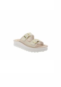 Sandali platform beige chiaro con due cinturini regolabili, fibbie tono oro e una finitura testurizzata su una suola in gomma bianca.