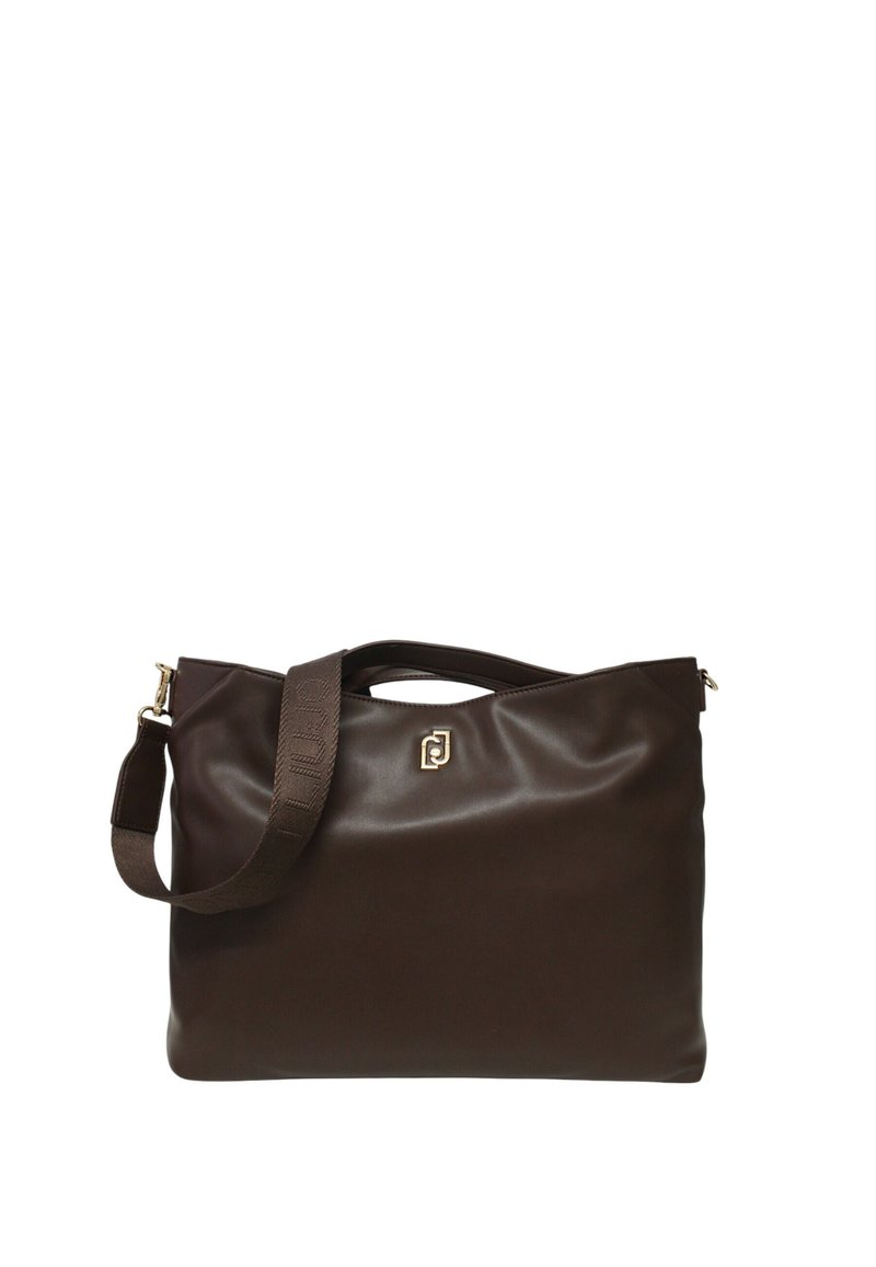 Borsa a tracolla in finta pelle marrone con chiusura a zip, manico corto e tracolla removibile. Presenta un sottile dettaglio del logo e una texture liscia.