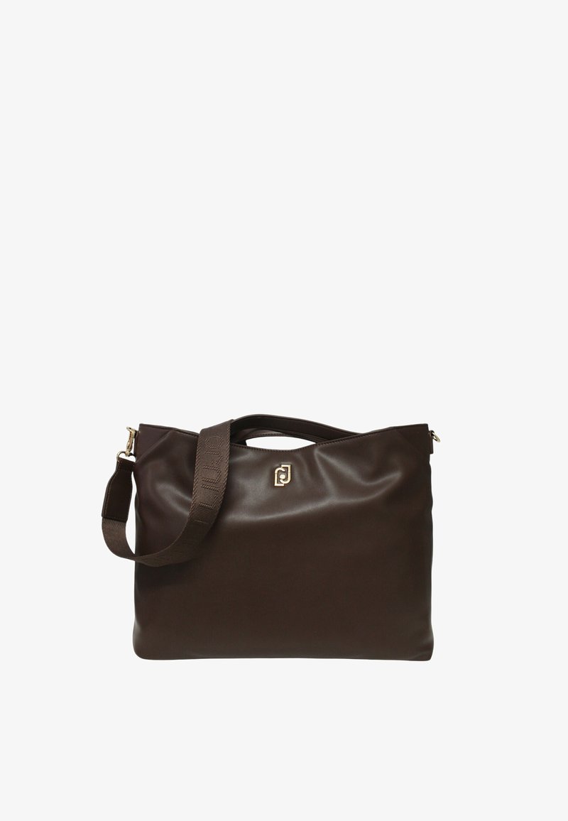 Borsa a tracolla in finta pelle marrone con chiusura a zip, manico corto e tracolla removibile. Presenta un sottile dettaglio del logo e una texture liscia.