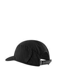 Black running cap with a lightweight, textured fabric; features a curved brim, mesh panels, and an adjustable strap at the back.
