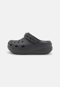 Schwarzer Gummi-Clog mit geschlossener Spitze, Rückengurt, Belüftungsöffnungen und einer strukturierten Sohle für besseren Halt. Glatte Oberfläche mit dezenten Details.