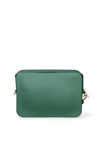 Borsa rettangolare verde con superficie liscia e zip dorata, progettata per una conservazione compatta e un utilizzo portatile.