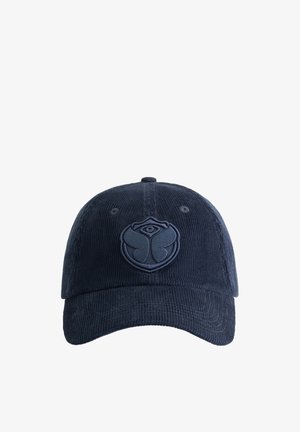 Navy blue corduroy cap featuring a textured, embroidered butterfly logo at the front. Curved brim and six-panel design.