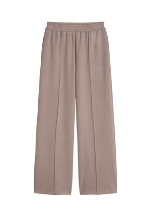 Loose-fit taupe-colored pants with elastic waistband and subtle vertical seams down the front, made of soft fabric.