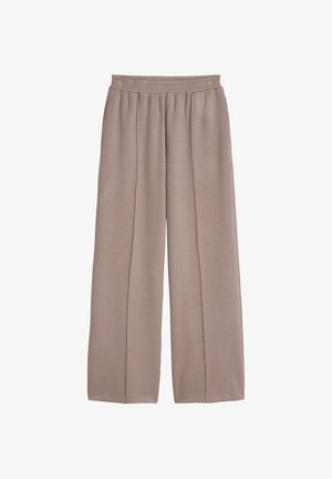 Pantalones de corte holgado en color topo con cintura elástica y sutiles costuras verticales en la parte frontal, confeccionados con tela suave.