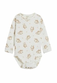Bodysuit pour bébé à manches longues en crème avec un imprimé d'ours en peluche beige, doté d'un col rond et de fermetures pressionnées en bas pour un habillage facile.