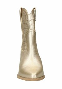 Gold ankle boot with a smooth, shiny leather texture, featuring a decorative scale pattern on the side and a pointed toe design.