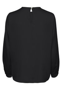 Blouse noire à manches longues avec fermeture à bouton en forme de goutte au dos du col, manches simples avec poignets, et coupe ample.