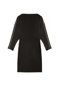 Abito nero con maniche lunghe, caratterizzato da dettagli in oro sulla zip sulle spalle e una silhouette dritta. Tessuto morbido, lunghezza sopra il ginocchio.