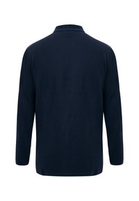 Polo a maniche lunghe blu navy con colletto, texture liscia, orlo arrotondato e cuciture minime. Nessun logo o motivo visibile.