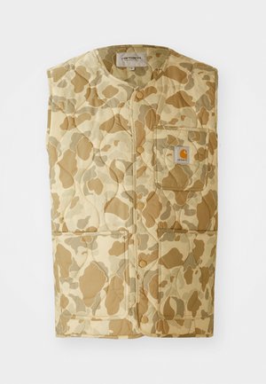 Gepolstertes, ärmelloses Weste im beigen Camouflage-Muster. Enthält eine Brusttasche mit einem Logo sowie zwei große Seitentaschen. Das Material scheint langlebig zu sein.