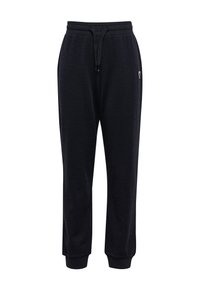 Zwarte joggingbroeken van zachte stof, met een elastische tailleband en een trekkoord, geribbelde boorden en een klein logo op de zijkant.