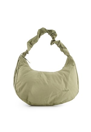 Miękka torebka w kształcie księżyca w oliwkowo-zielonym kolorze, z marszczonym uchwytem i subtelnym logo „Venezia” z przodu.