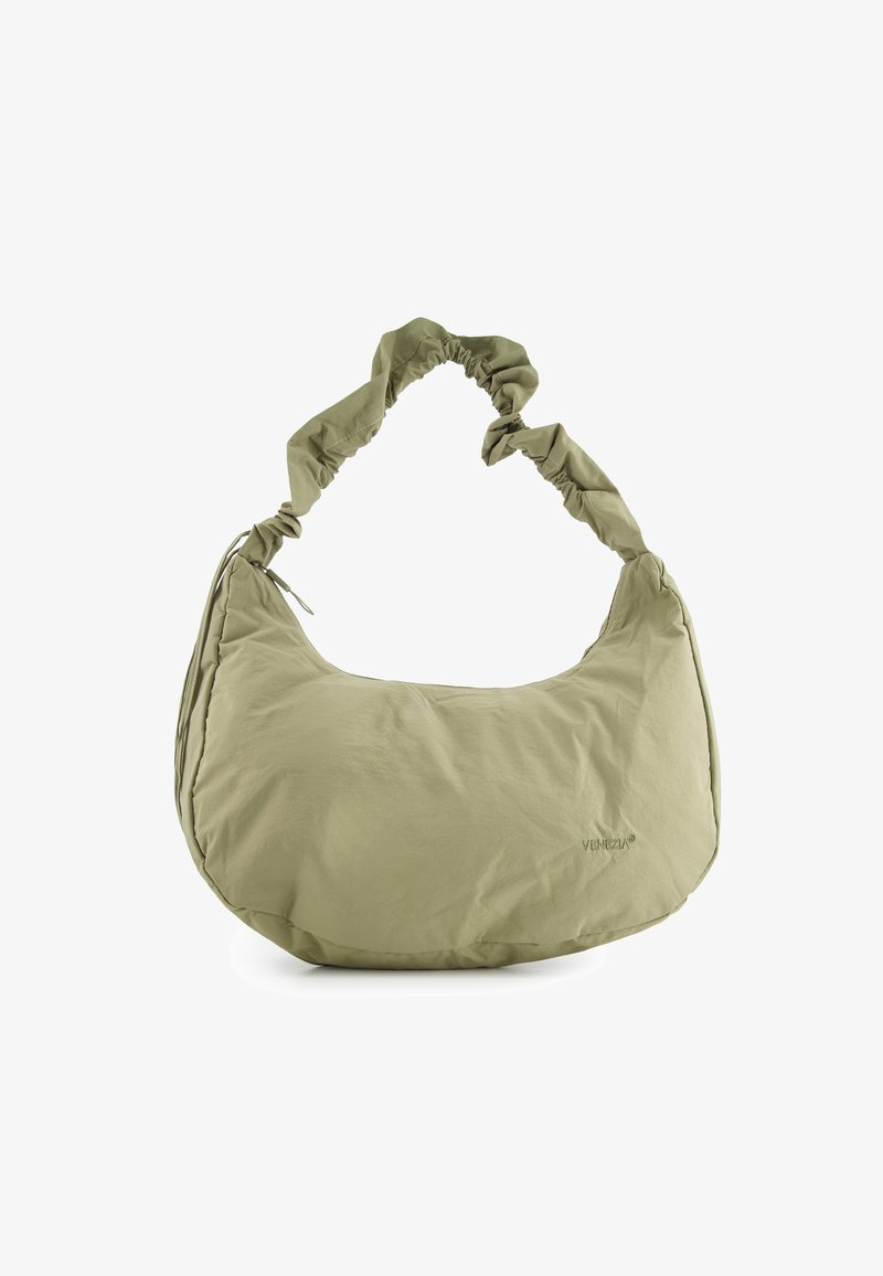 Blød olivengrøn håndtaske i halvmåneform med samlet håndtag og diskret "Venezia"-logo på forsiden.