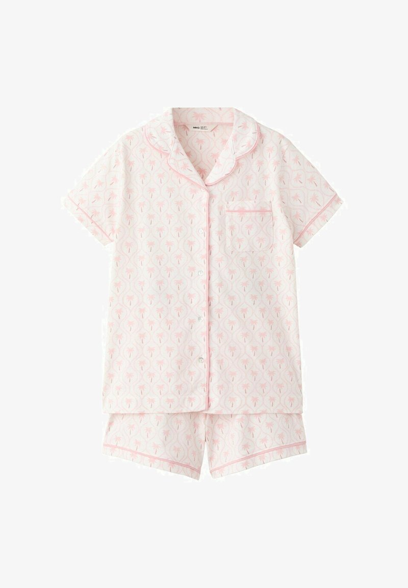 Haut de pyjama à manches courtes à boutons et short assorti avec motif floral rose clair et bordure sur fond blanc.