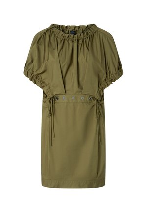 Maslinasto zeleni haljina s kratkim puf rukavima, podešivim bočnim trakama, V-izrezom i dugmadima na struku. Glatka tekstura tkanine.