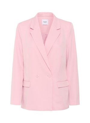Světle růžový dvouřadý blazer s klopami, dvěma předními kapsami a hladkou texturou látky. Značková etiketa viditelná uvnitř.
