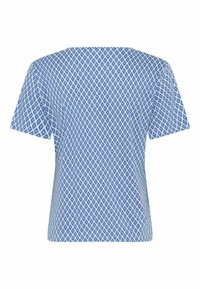 Krátky rukáv top s modro-bielym diamantom vzorom. Vyrobené z ľahkej tkaniny s voľným strihom a okrúhlym výstrihom.