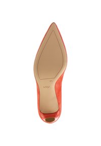 Coral suede high-heeled shoe with a pointed toe and a smooth beige sole. Notable red patent heel accent. Size: 4.5.