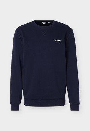 Marineblå langermet genser med rund hals, «BORG»-logo på venstre bryst og ribbestrikkede mansjetter og kant.