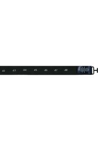 Black fabric measuring tape belt with marked sizes 42 to 48 in white. Features a rectangular metal buckle and label with care instructions.