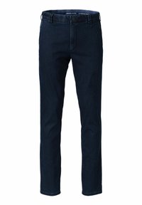 Pantalons en denim bleu foncé avec une coupe droite, dotés d'une fermeture à bouton à l'avant, de passants de ceinture et d'une texture lisse.
