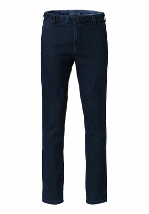 Donkerblauwe denim broek met een rechtlopende pasvorm, voorzien van een ritssluiting met knoop aan de voorkant, ceintuurlussen en een gladde textuur.