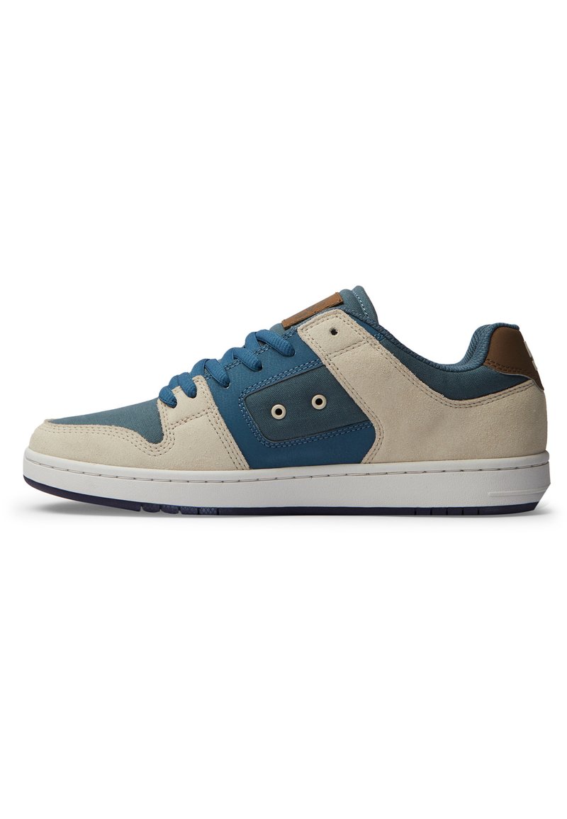 Men's sneakers featuring a combination of blue and beige suede, a white rubber sole, blue laces, and brown leather accents.