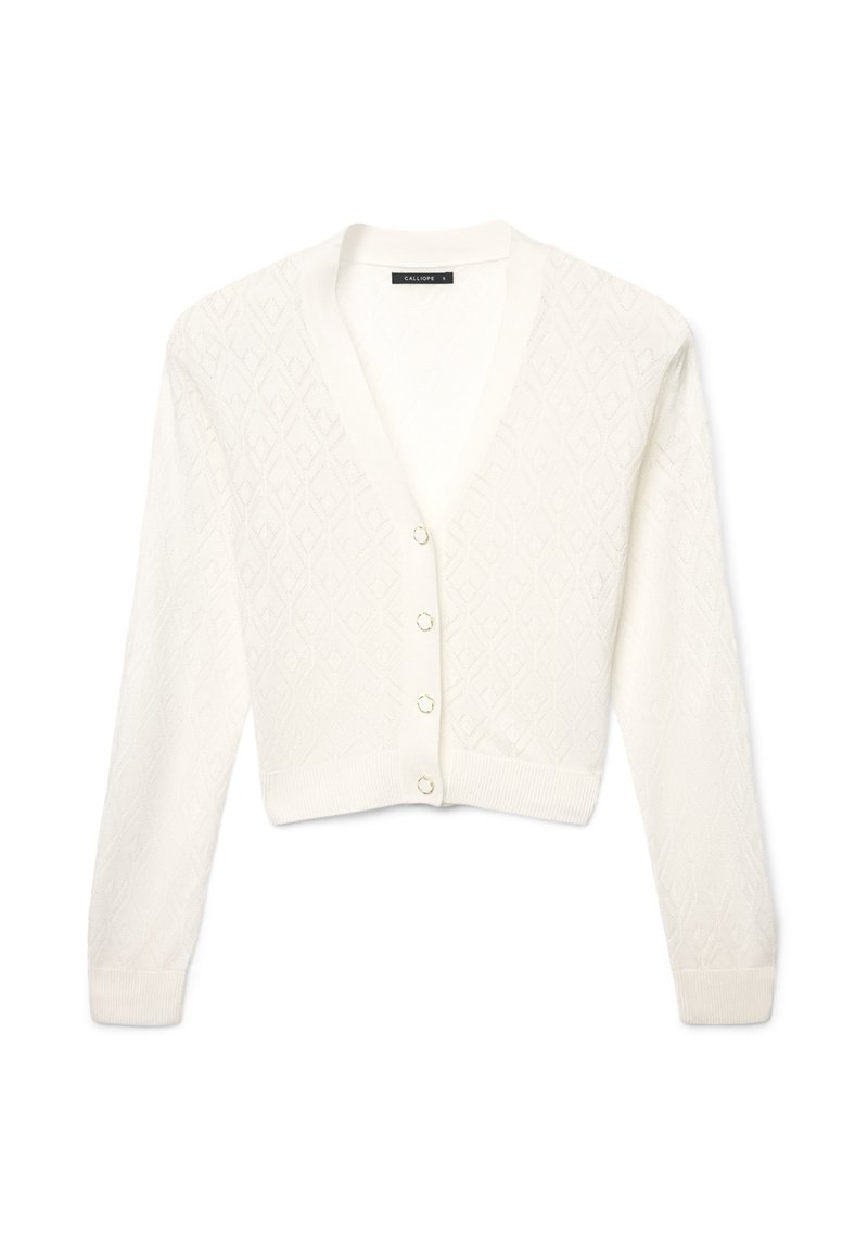 Cardigan blanc court avec col en V, texture tricotée, motif en losange et boutons de couleur dorée. Tissu doux et poignets côtelés.