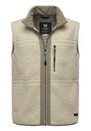 Cream fleece vest with a high collar, contrasting beige lining, two zippered pockets, and textured fabric. Features metal zippers.