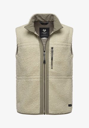 Cremfarbener Fleece-Westen mit einem hohen Kragen, kontrastierender beiger Fütterung, zwei Reißverschlusstaschen und strukturiertem Stoff. Verfügt über Metallreißverschlüsse.