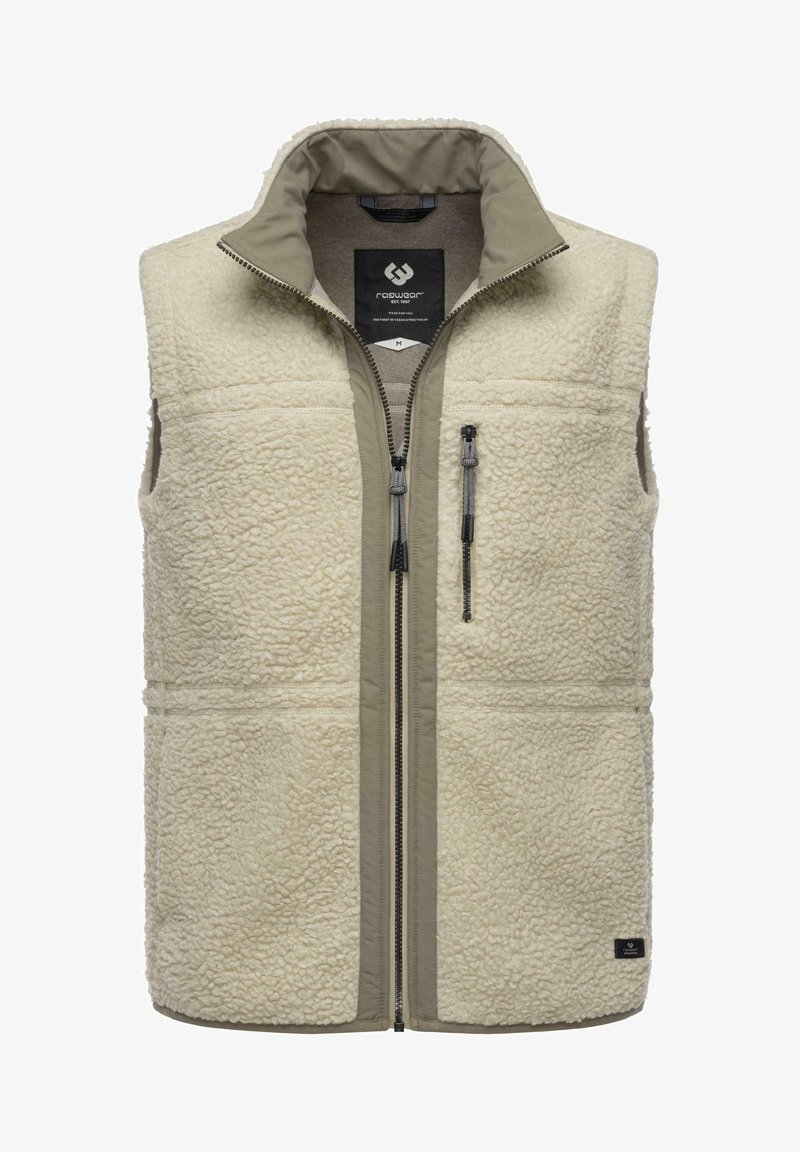 Krämfärgad fleeceväst med hög krage, kontrasterande beige foder, två fickor med dragkedja och texturerad tyg. Utrustad med metalldragkedjor.