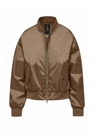 Brązowa satynowa kurtka bomberka z przednim suwakiem, ściągaczem na kołnierzu, mankietach i talii oraz dwoma bocznymi kieszeniami.