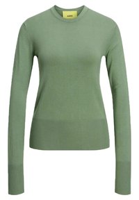 Maglione a maniche lunghe verde chiaro realizzato in materiale knit, con scollatura rotonda, polsini a costine e una silhouette aderente. Etichetta del marchio visibile.