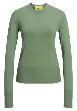 Pull à manches longues vert clair en maille, avec un col rond, des poignets côtelés et une silhouette ajustée. Étiquette de marque visible.