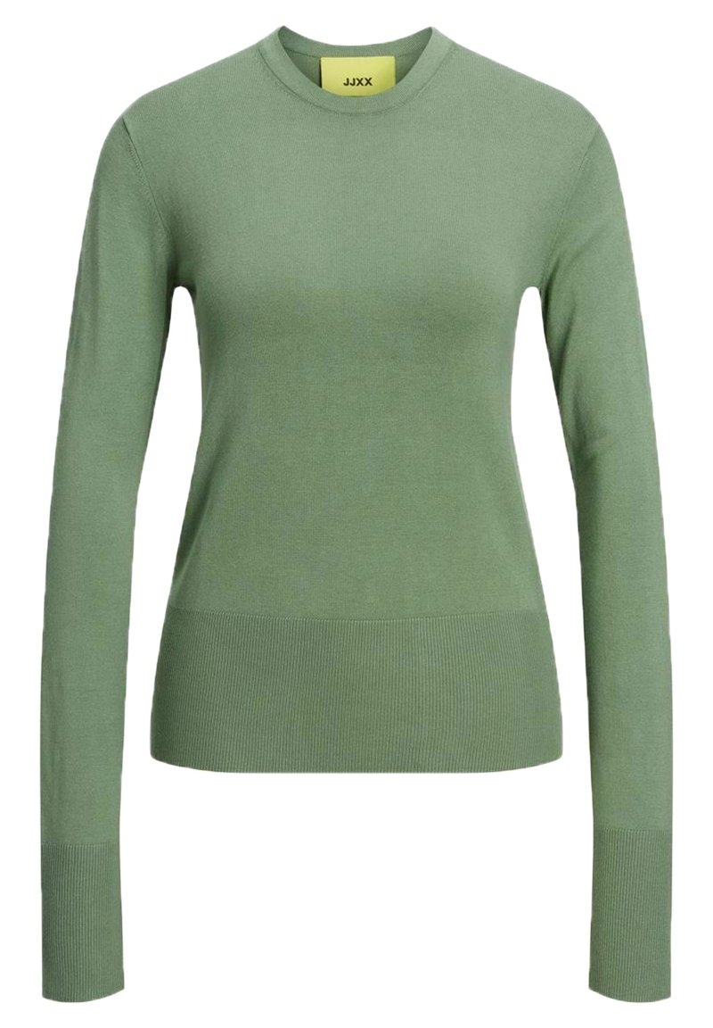 Maglione a maniche lunghe verde chiaro realizzato in materiale knit, con scollatura rotonda, polsini a costine e una silhouette aderente. Etichetta del marchio visibile.