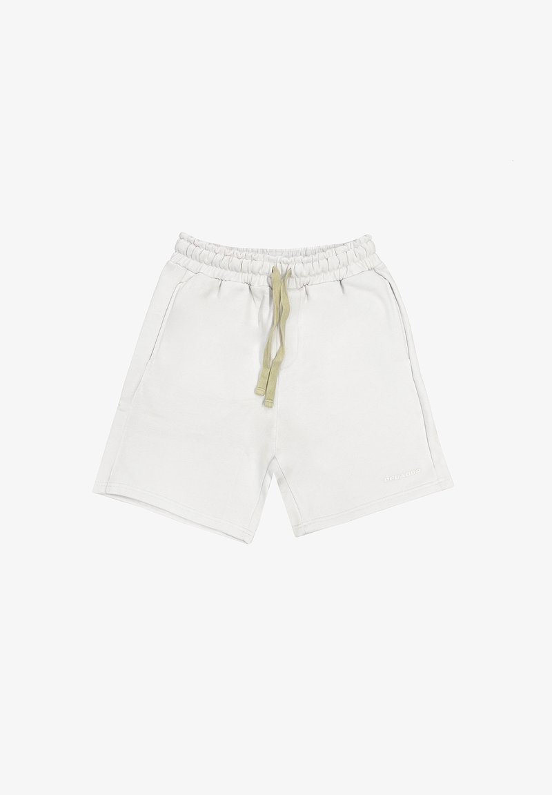 White cotton shorts with an elastic waistband and drawstring in a contrasting color. Features side pockets and a small logo detail.