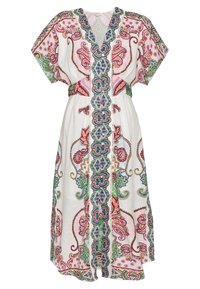 Biała bawełniana sukienka z kolorowymi wzorami paisley, dekoltem w serek i krótkimi rękawami, z dopasowanym pasem w talii.