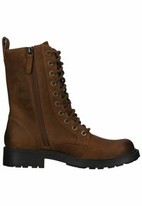 Bottine en cuir marron avec un laçage à l'avant, fermeture éclair sur le côté, bout rond et design texturé. Semelle en caoutchouc noir robuste avec profil.