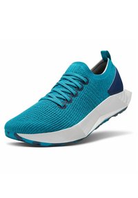 Türkise Sport-Schuh mit strukturiertem Strick-Obermaterial, Schnürverschluss und kontrastierenden Marineblauen Akzenten. Verfügt über eine weiße und gemusterte Sohle.