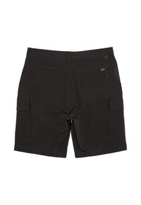 Sorte cargo shorts lavet af letvægtsmateriale, med to sidelommer, to baglommer og en lynlåslomme på højre lår.